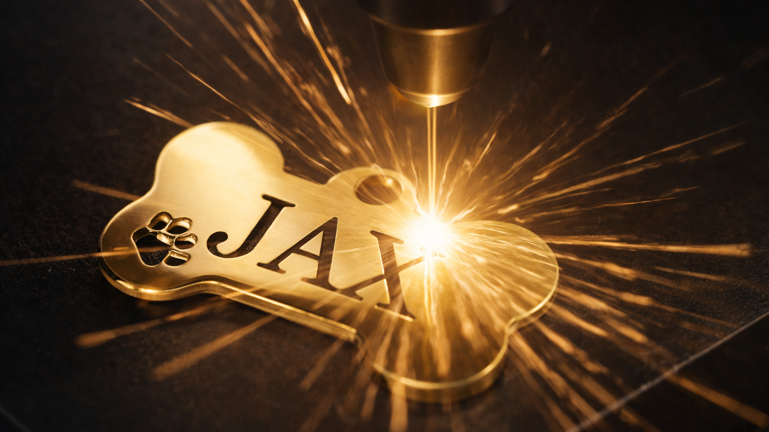 Gold dog bone shaped object with 'JAX' engraved, being laser cut on a dark background